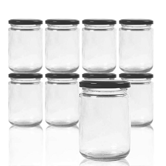 Round 12 oz Airtight Glass Canning Jars with Black Metal Lid