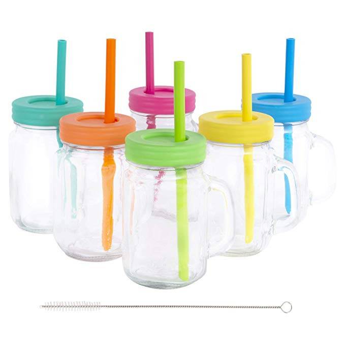 Drinking Glasses Beer Mug 16 oz Mason Jar  With Handle and Color Straw Lids and Silicone Straws