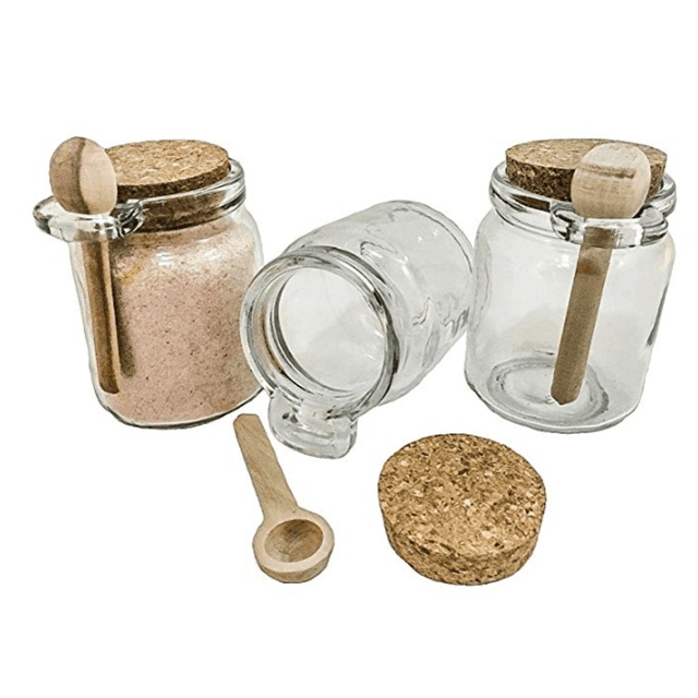 Premium 8oz Reusable Chefs Glass Spice / Salt Jar with Wooden Spoon
