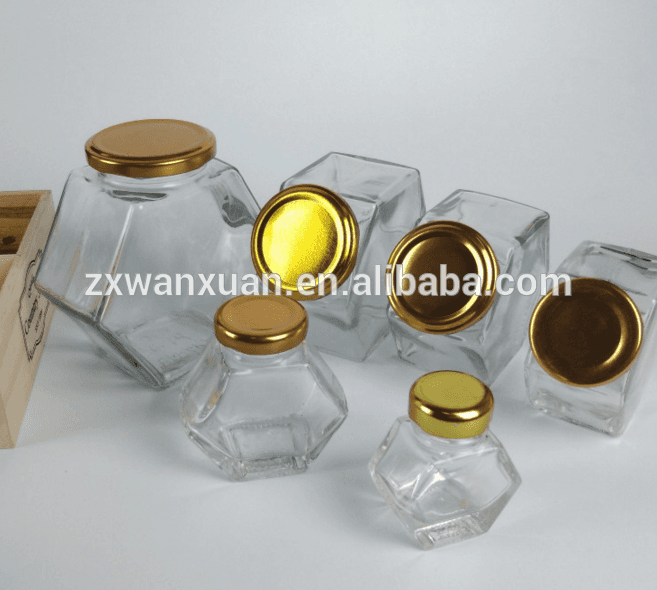 Fancy 50ml 200ml 375ml hexagonal glass honey jar with metal screw lid