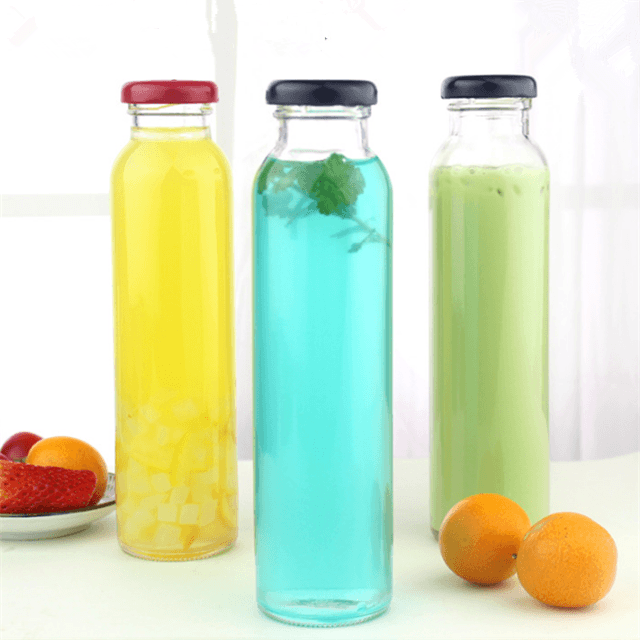 300ml 350ml clear empty tall round drinking packaging glass bottles with mental screw cap for juice beverage tea milk