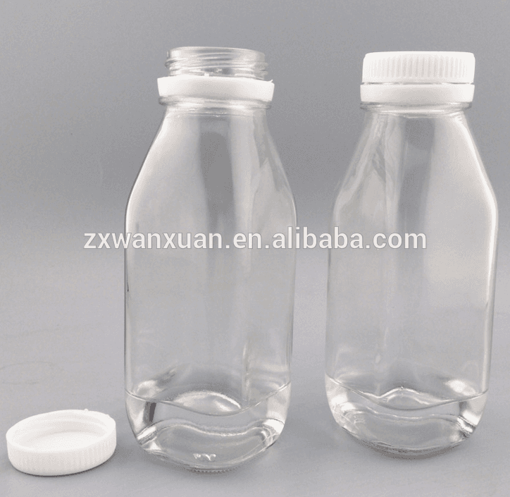 300ml square french glass fruit juice/milk bottle with plastic cap Featured Image