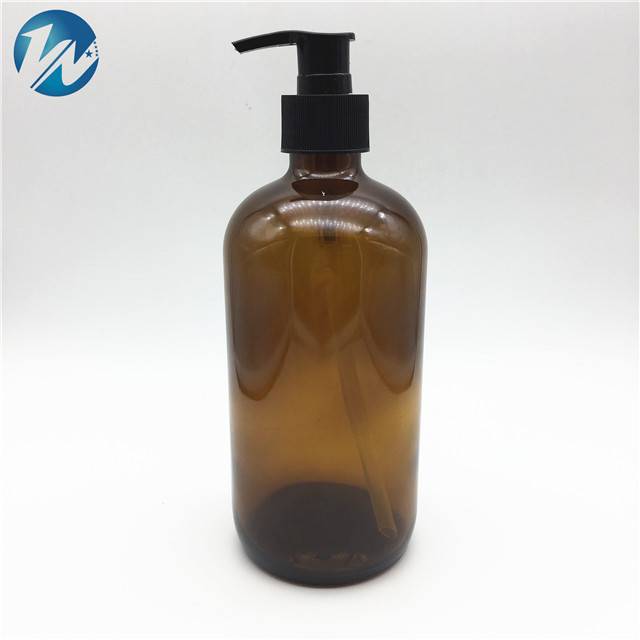 8oz 16oz 250ml 500ml Amber Boston Round Glass Bottle with Black Pump Lotion/Soap Dispenser