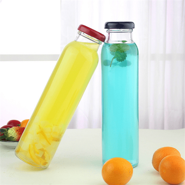 300ml 350ml clear empty tall round drinking packaging glass bottles with mental screw cap for juice beverage tea milk