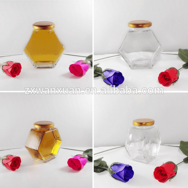 Fancy 50ml 200ml 375ml hexagonal glass honey jar with metal screw lid