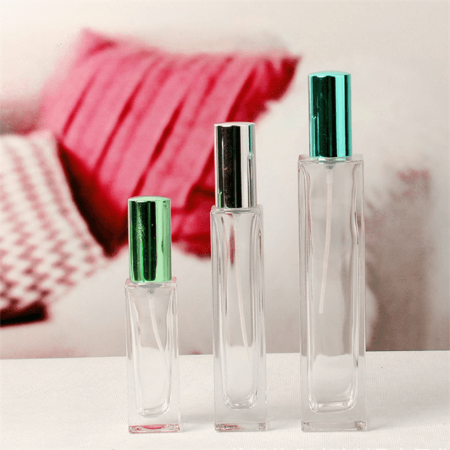 empty rectangular 30ml 50ml 100ml glass spray perfume bottle with aluminum lotion pump sprayer