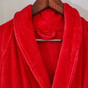 Albornoz de forro polar Bata de spa vermello por xunto suave personalizado para mulleres e homes Albornoz unisex de algodón