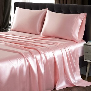 ملاءات سرير الملكة من الساتان الوردي الخوخى مع جيب عميق 1 شرشف سرير 1 ملاءة مسطحة 2 أكياس وسادات لإغلاق المغلف