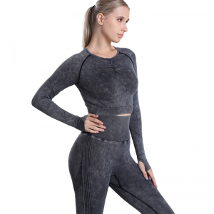 Women Yoga Sets Scrunch Wash Long Sleeve Seamless Booty Two Pieces Sports Factory