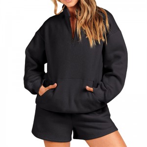 Sweatshirt Sweatshorts Set Women 2 Piece Quarter Zip Tops Sportswear Casual Wholesale