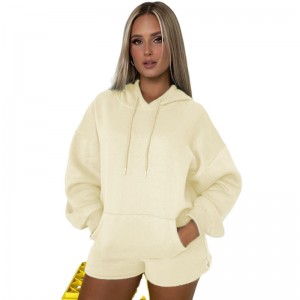 Female Tracksuit Fleece Hoodies Shorts Sweatshirt Thicken Blank Long Sleeve 2PCS Set