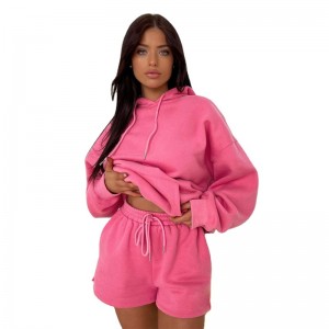Female Tracksuit Fleece Hoodies Shorts Sweatshirt Thicken Blank Long Sleeve 2PCS Set