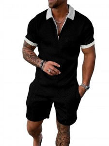 Sports Tracksuit For Men Polyester Casual Summer Plain Zipper Polo T Shirt Shorts Set Manufacturer