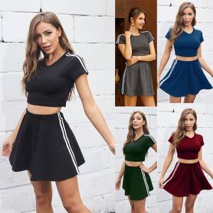 Stripe Women Tracksuit Summer Crop Top Skirt Sport Dance Wear Factory
