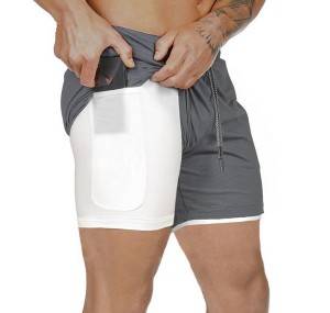 Sport Shorts Men Two Pieces Phone Pocket Running Boxing