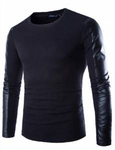PU Leather T Shirt Men Long Sleeve Autumn Spring Blank Round Neck
