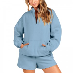 Sweatshirt Sweatshorts Set Women 2 Piece Quarter Zip Tops Sportswear Casual Wholesale