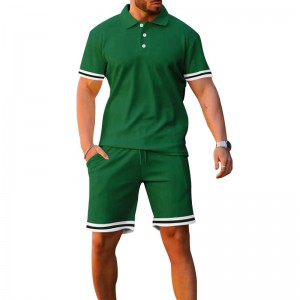 Mens Tracksuit Polo T Shirt Shorts Set Two Pieces Stripe Polyester Cotton Supplier
