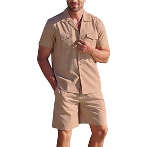 Men Shirt Shorts Set Oversized Work Travel Button Blank Loose High Quality Wholesale