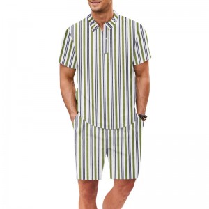 Men Two Piece Set Summer Polo T Shirt Shorts Beach Sports Stripes Streetwear New   Wholesale