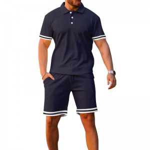 Mens Tracksuit Polo T Shirt Shorts Set Two Pieces Stripe Polyester Cotton Supplier