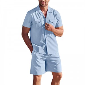 Men Shirt Shorts Set Oversized Work Travel Button Blank Loose High Quality Wholesale
