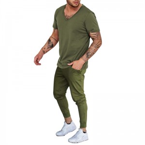 Men Tracksuits Summer T Shirt Pants Set Polyester Spandex V Neck Two Pieces Blank Latest   Custom