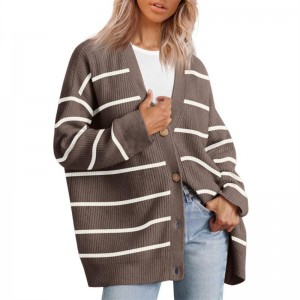 Women Sweater Knitted Coat Knitwear Long Sleeve V Neck Stripes Cardigan Autumn Winter New Arrival