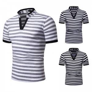 Stand Collar T Shirt Stripes V Neck Summer Short Sleeve Cheap Price Factory