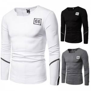 Basic T Shirt Men Letter Patch Long Sleeve Casual Workout Fashion
