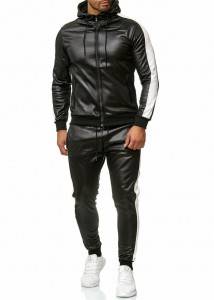 Slim Fit Tracksuit Men Sportswear PU Leather Hoody Joggers Motrobike Wear