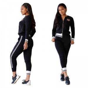 Women Track Suit Stock Stripe Zipper Running Sports Embroidery