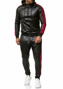 Slim Fit Tracksuit Men Sportswear PU Leather Hoody Joggers Motrobike Wear