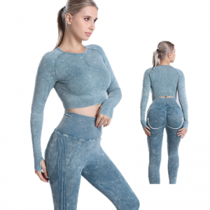 Women Yoga Sets Scrunch Wash Long Sleeve Seamless Booty Two Pieces Sports Factory