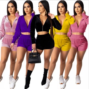 Velour Tracksuit For Women Fall Winter Long Sleeve Crop Top and Shorts Factory