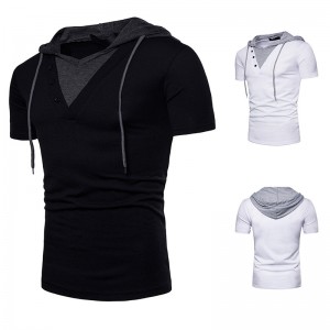 V Neck Hoodies Summer Short Sleeve Buttons Contrast Casual Loose
