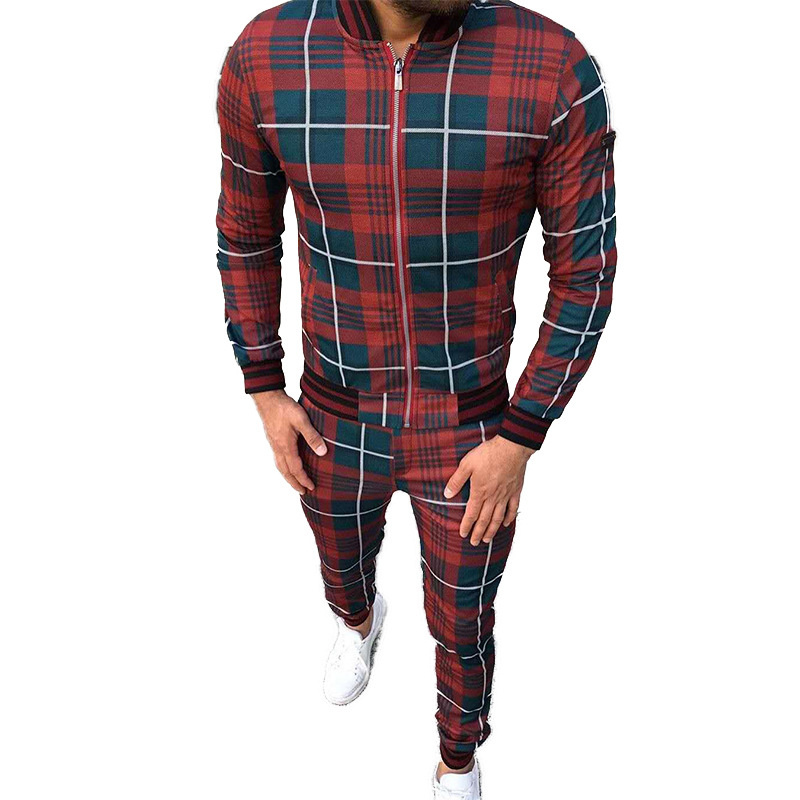 Plaid Tracksuit Men Autumn Zip Up Jacket Joggers Sports Training Hot Selling Factory Featured Image