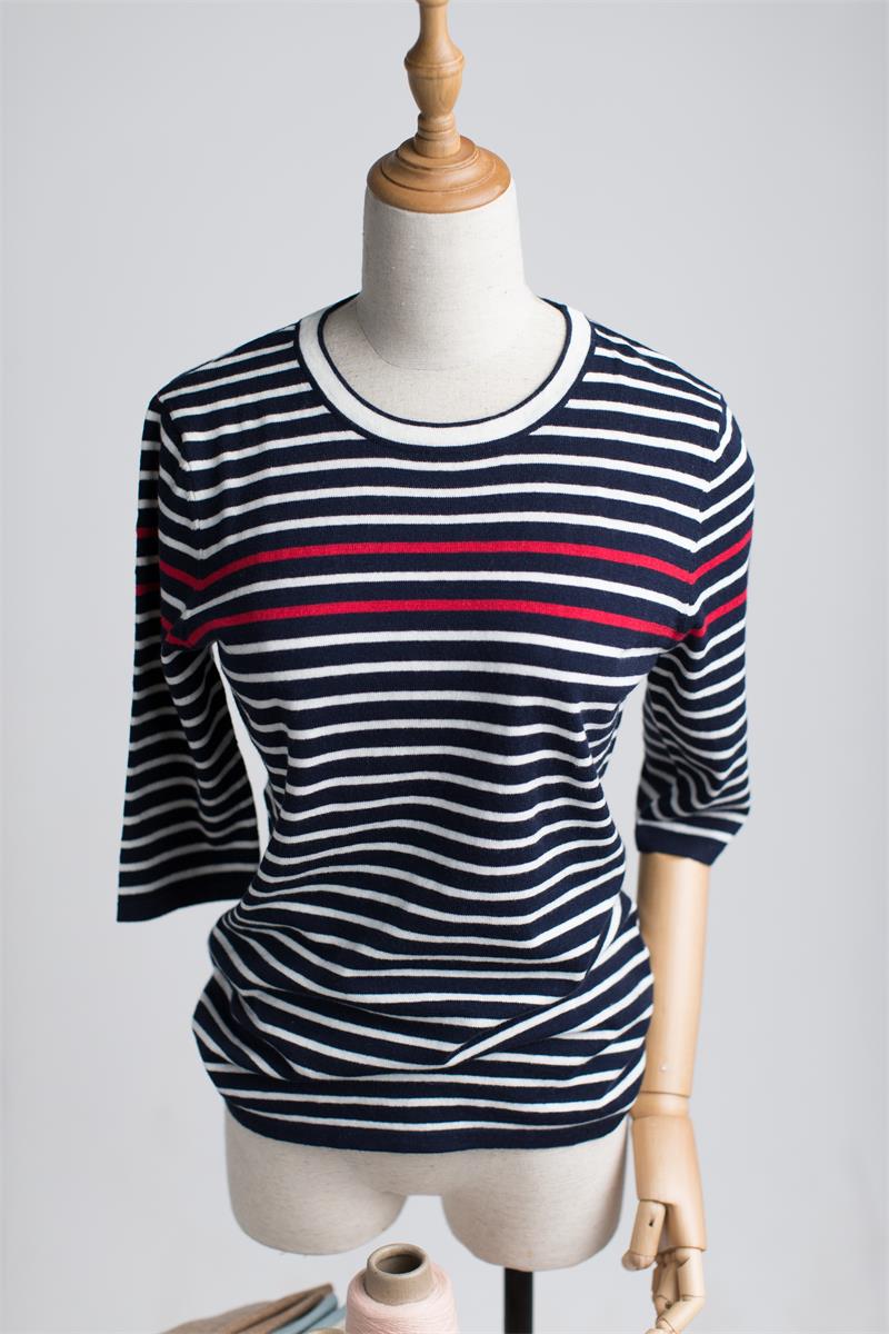 85% Cotton / 15% Cashmere blended yarn Half Sleeve Stripe top pullover for women CH20114