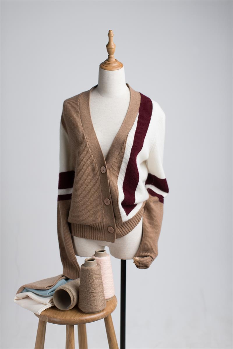 100% China Cashmere V-Neck Cardigan Sleeve w/ Color Block for ladies CH20106