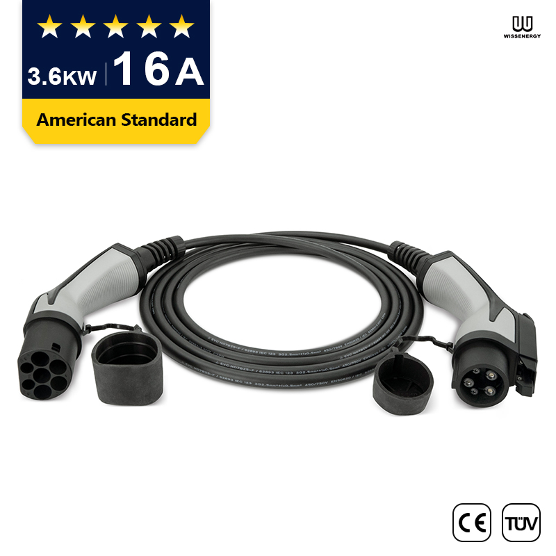 EV Cable (16A one-phase 3.6KW) Type 1 Mukadzi kune Type 2 Male Extension Cable (16ft/5m)