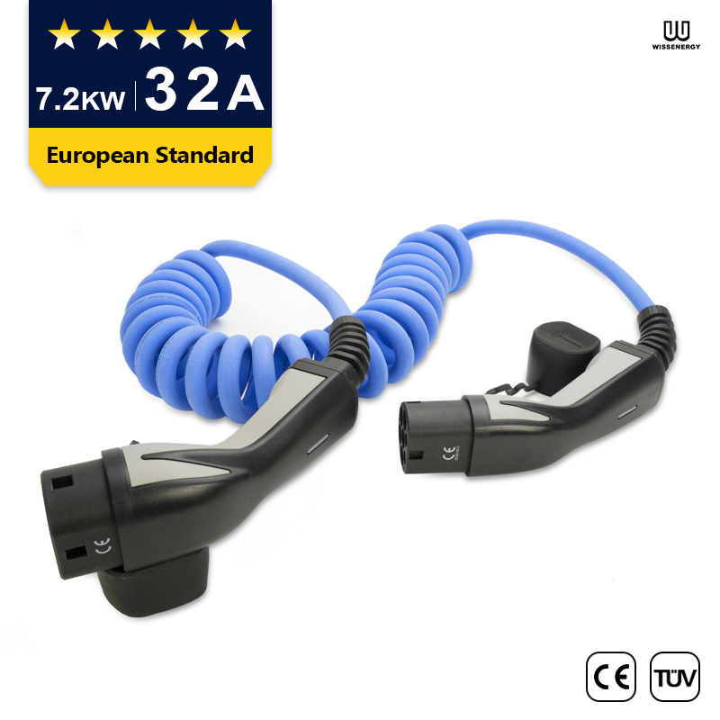 EV Cable (32A 1 Phase 7.2KW) With 16ft/5m Type 2 Female To Male Extension  Cable，Spring Charging Cable