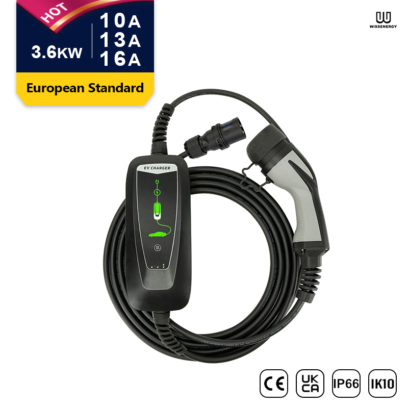 Mode 2 EV Portable Charger (10/13/16A 1 Phase 3.6KW) CEE Plug Type 1/2 Connector (16ft/5m Cable) Featured Image