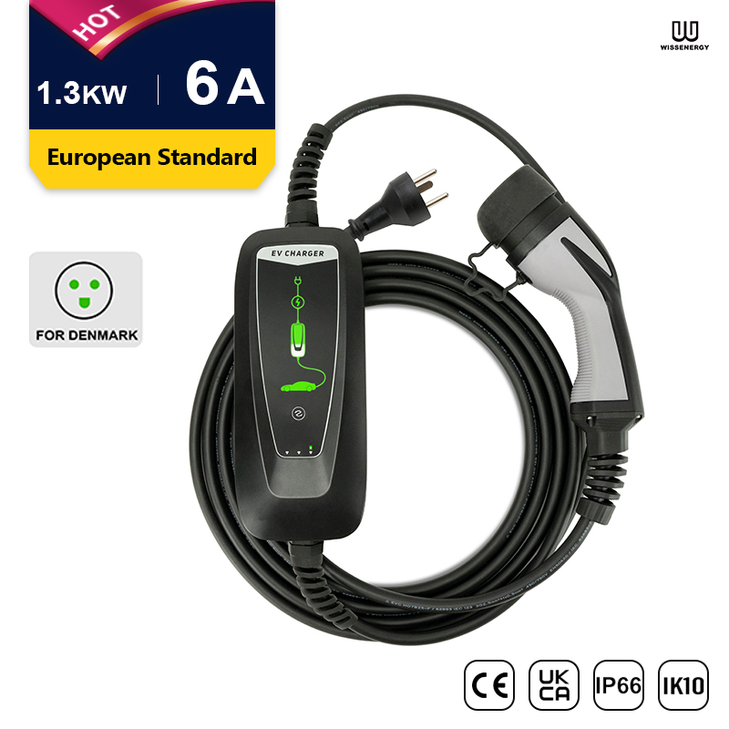 Mode 2 EV Portable Charger (6A 1 Phase 1.3KW) Denmark Plug Type 12 Connector (16ft5m Cable) (1)
