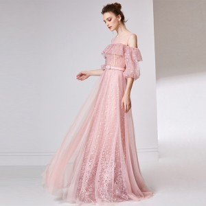 Pink Embroidered Bubble Sleeve One-Shoulder Dinner Wedding Dresses