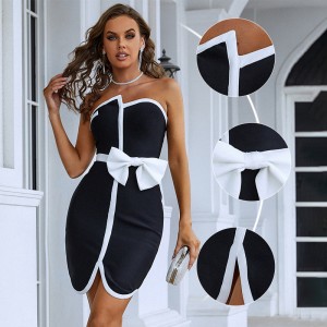 Black And White Stitching Bow Elegant Backless Bandage Ladies Mini Dress