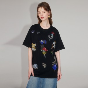 Black Cotton Beaded Sequin Embroidered T-Shirt