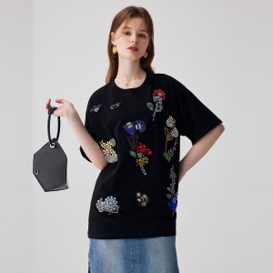 Black Cotton Beaded Sequin Embroidered T-Shirt