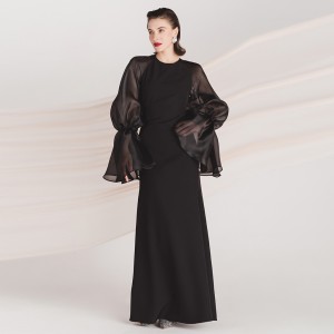 Луксузна елегантна вечерња хаљина дугих црних мехурастих рукава луксузног дизајна