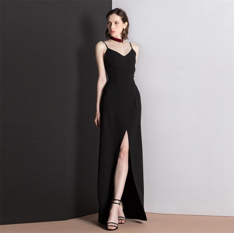 Black Halter Slit V-Neck Long Elegant Dress (2)