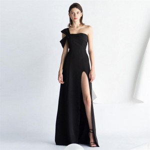 Black One-Shoulder Bow Slit Long Evening Dress
